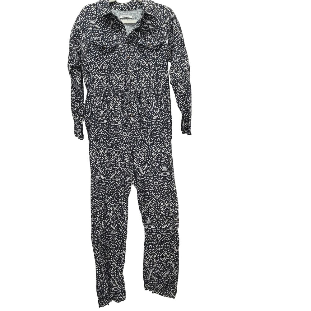 Scalper linen jumpsuit blue and white print long sleeve medium straight leg